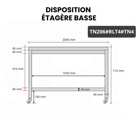 Table inox soubassement 2000 x 600 mm sur roulettes / GOLDINOX
