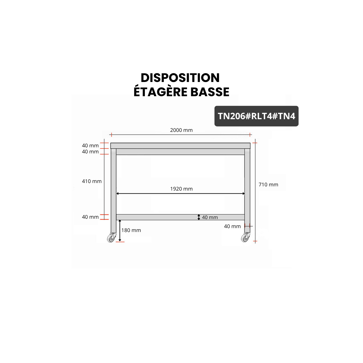 Table inox soubassement 2000 x 600 mm sur roulettes / GOLDINOX
