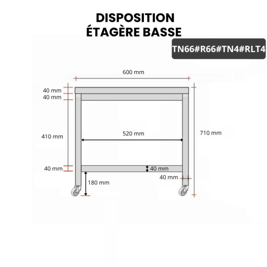 Table inox soubassement 600 x 600 mm avec renfort sur roulettes / GOLDINOX