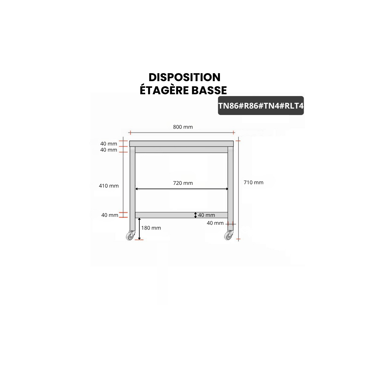 Table inox soubassement 800 x 600 mm avec renfort sur roulettes / GOLDINOX