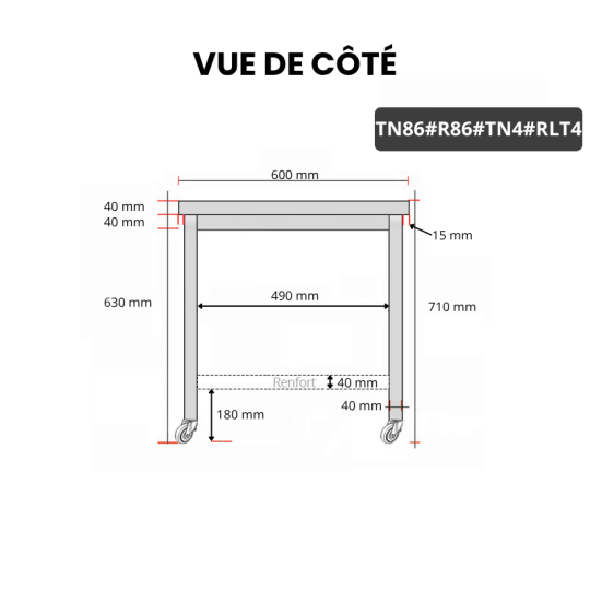 Table inox soubassement 800 x 600 mm avec renfort sur roulettes / GOLDINOX