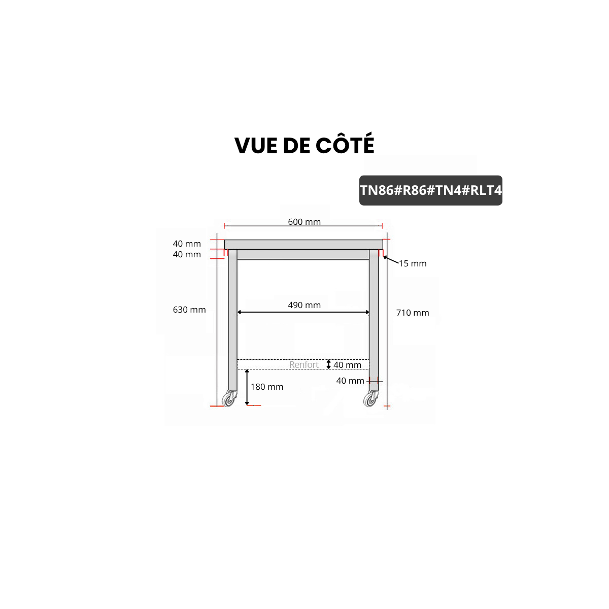 Table inox soubassement 800 x 600 mm avec renfort sur roulettes / GOLDINOX