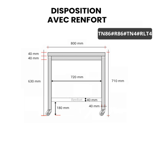 Table inox soubassement 800 x 600 mm avec renfort sur roulettes / GOLDINOX