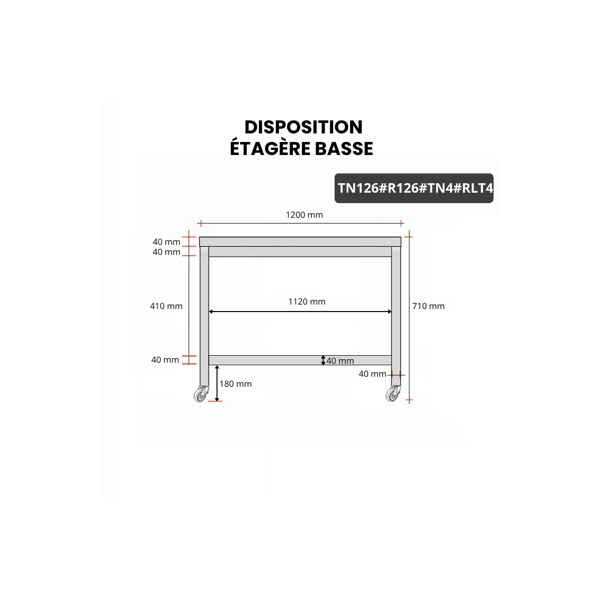 Table inox soubassement 1200 x 600 mm avec renfort sur roulettes / GOLDINOX