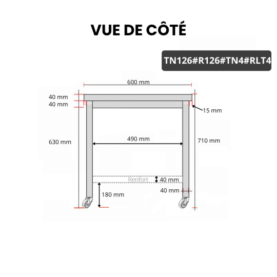 Table inox soubassement 1200 x 600 mm avec renfort sur roulettes / GOLDINOX