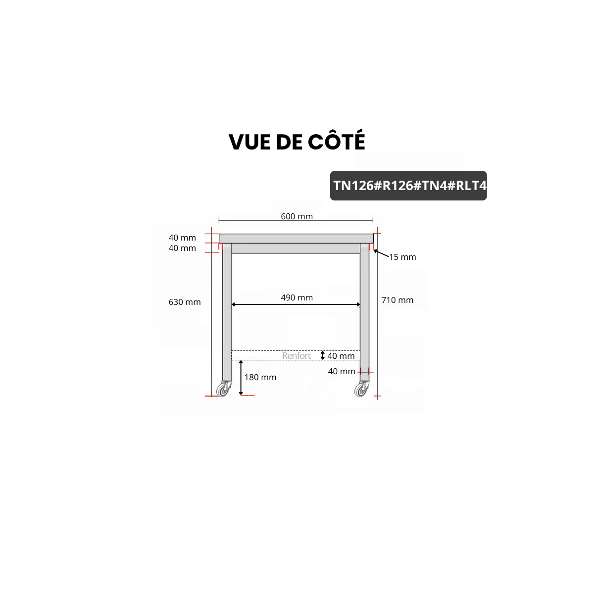 Table inox soubassement 1200 x 600 mm avec renfort sur roulettes / GOLDINOX