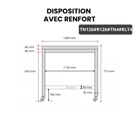 Table inox soubassement 1200 x 600 mm avec renfort sur roulettes / GOLDINOX
