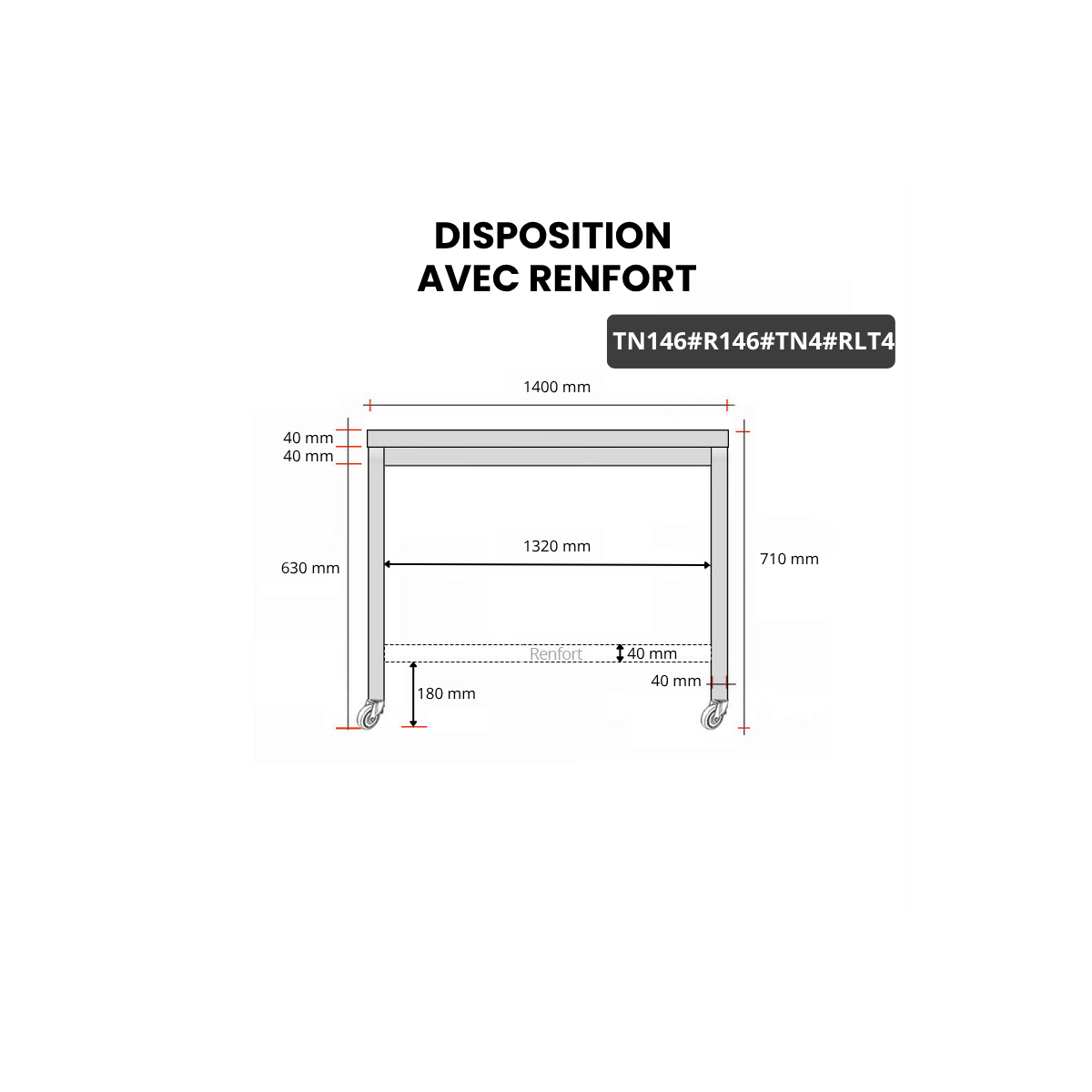 Table inox soubassement 1400 x 600 mm avec renfort sur roulettes / GOLDINOX
