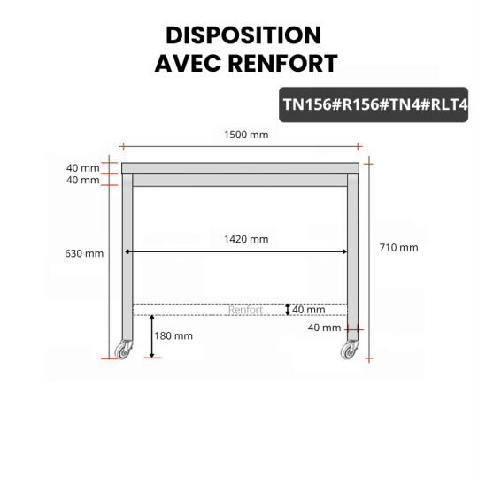 Table inox soubassement 1500 x 600 mm avec renfort sur roulettes / GOLDINOX