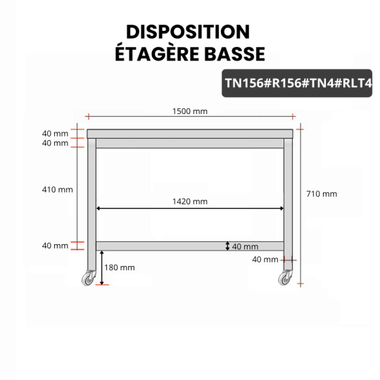 Table inox soubassement 1500 x 600 mm avec renfort sur roulettes / GOLDINOX