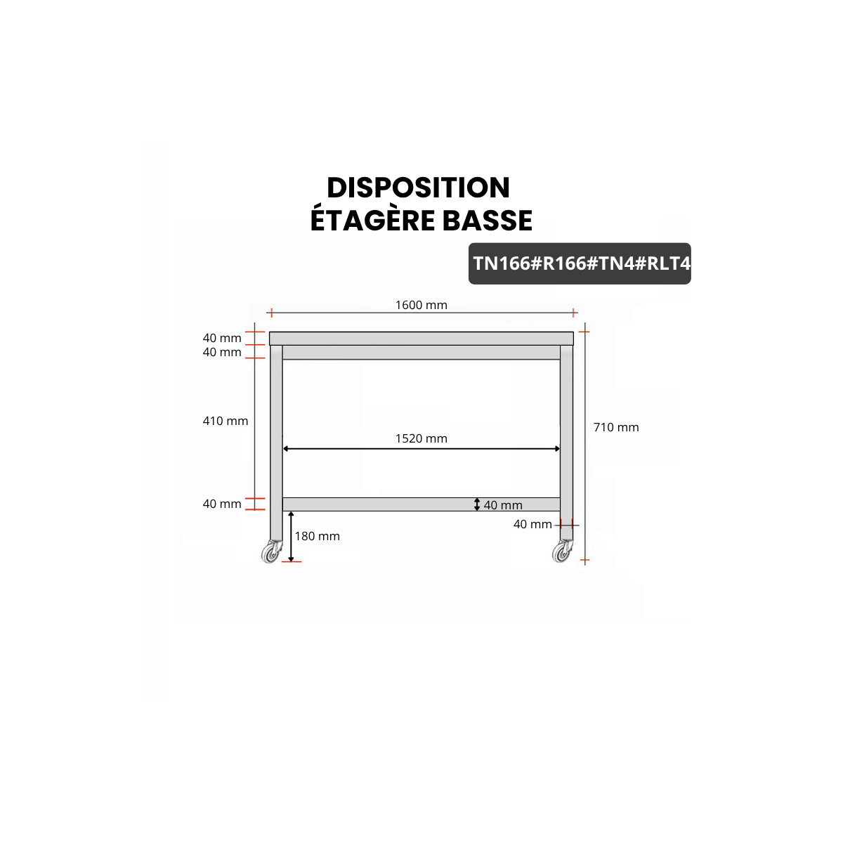 Table inox soubassement 1600 x 600 mm avec renfort sur roulettes / GOLDINOX