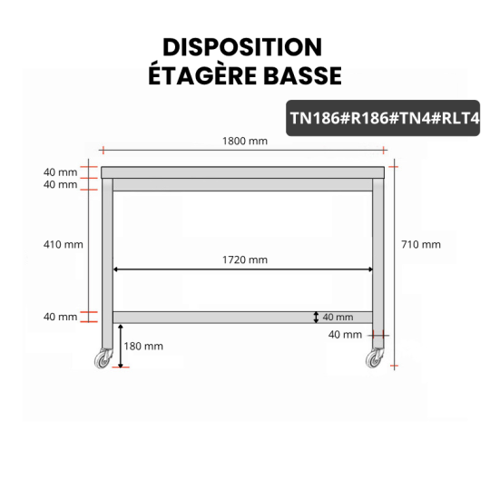 Table inox soubassement 1800 x 600 mm avec renfort sur roulettes / GOLDINOX