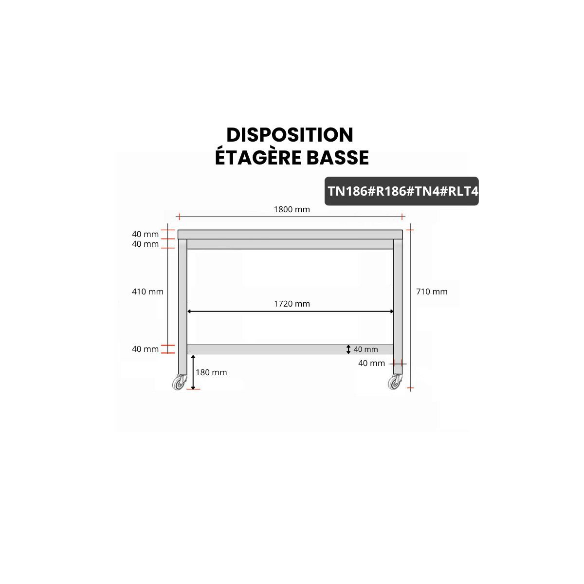 Table inox soubassement 1800 x 600 mm avec renfort sur roulettes / GOLDINOX