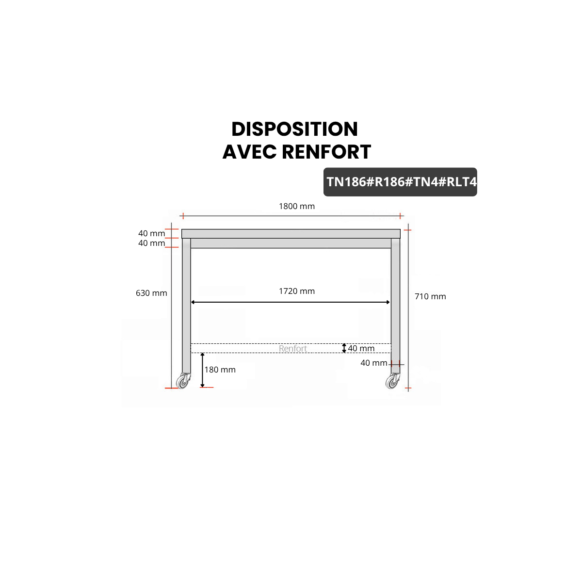 Table inox soubassement 1800 x 600 mm avec renfort sur roulettes / GOLDINOX