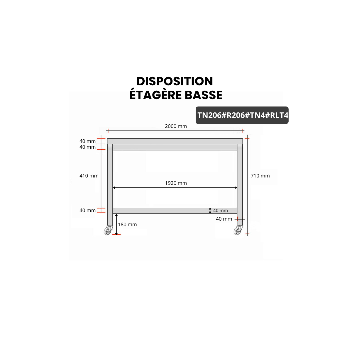Table inox soubassement 2000 x 600 mm avec renfort sur roulettes / GOLDINOX