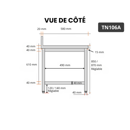 Table inox 1000 x 600 mm adossée ECO / GOLDINOX