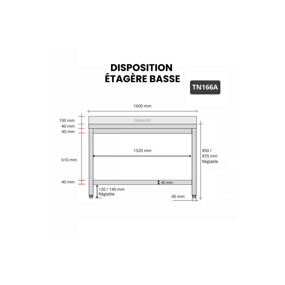 Table inox 1600 x 600 mm adossée ECO / GOLDINOX