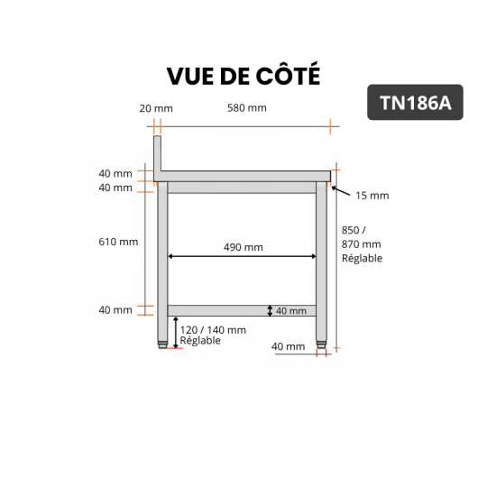 Table inox 1800 x 600 mm adossée ECO / GOLDINOX