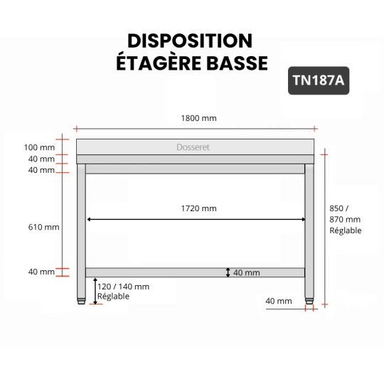 Table inox 1800 x 700 mm adossée PREMIUM / GOLDINOX 