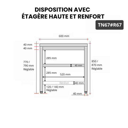Table inox 600 x 700 mm avec renfort / GOLDINOX