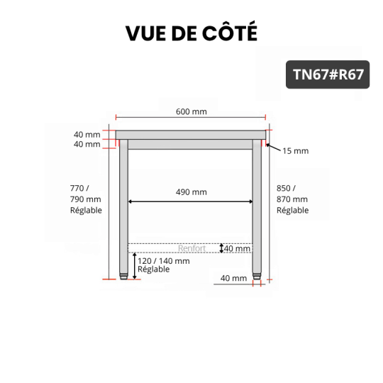 Table inox 600 x 700 mm avec renfort / GOLDINOX