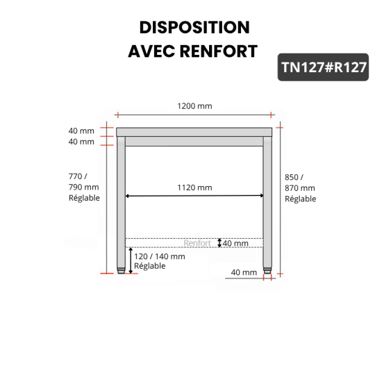 Table inox 1200 x 700 mm avec renfort / GOLDINOX