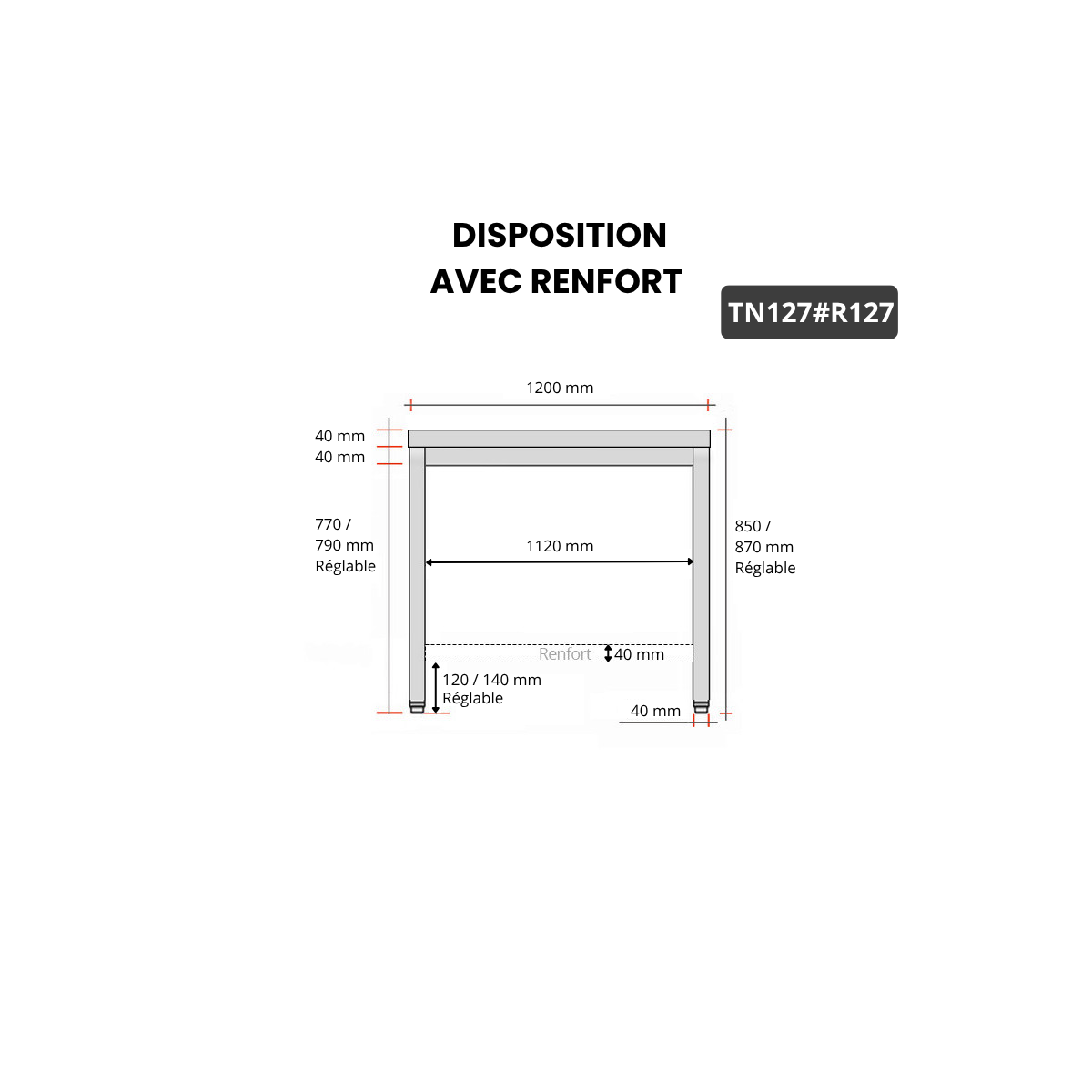 Table inox 1200 x 700 mm avec renfort / GOLDINOX