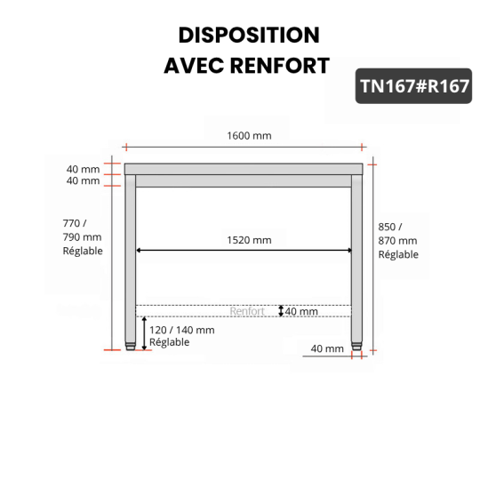 Table inox 1600 x 700 mm avec renfort / GOLDINOX