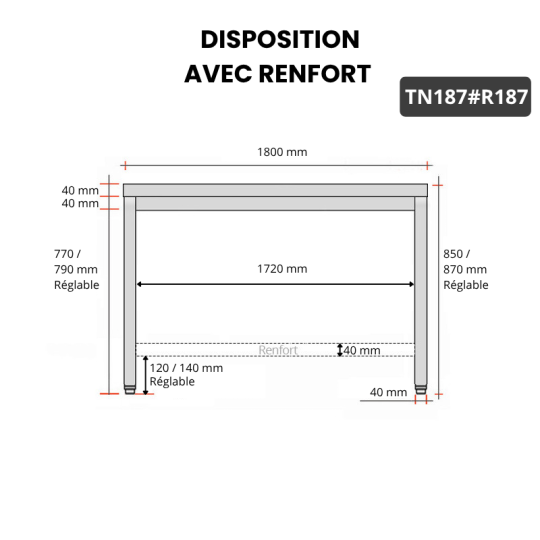 Table inox 1800 x 700 mm avec renfort / GOLDINOX