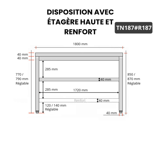 Table inox 1800 x 700 mm avec renfort / GOLDINOX