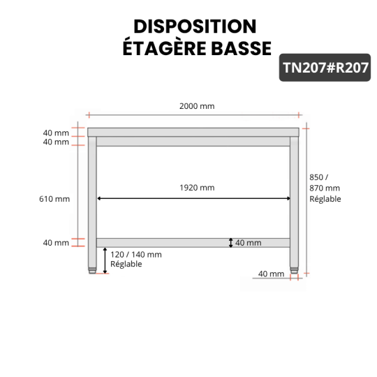 Table inox 2000 x 700 mm avec renfort / GOLDINOX