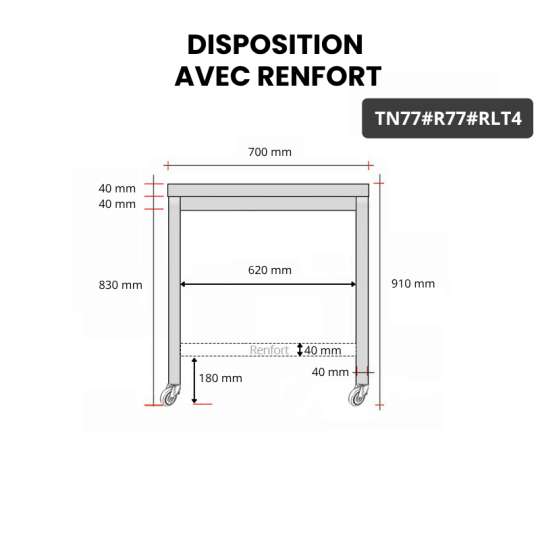 Table inox 700 x 700 mm avec renfort sur roulettes / GOLDINOX