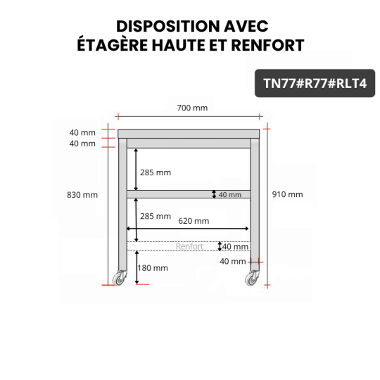 Table inox 700 x 700 mm avec renfort sur roulettes / GOLDINOX