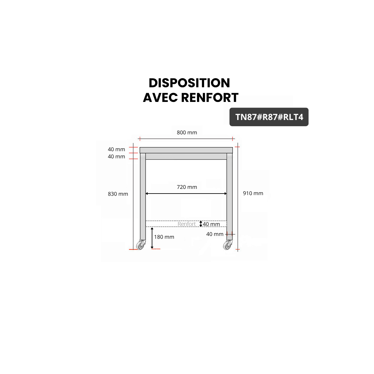 Table inox 800 x 700 mm avec renfort sur roulettes / GOLDINOX