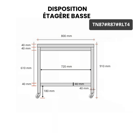 Table inox 800 x 700 mm avec renfort sur roulettes / GOLDINOX