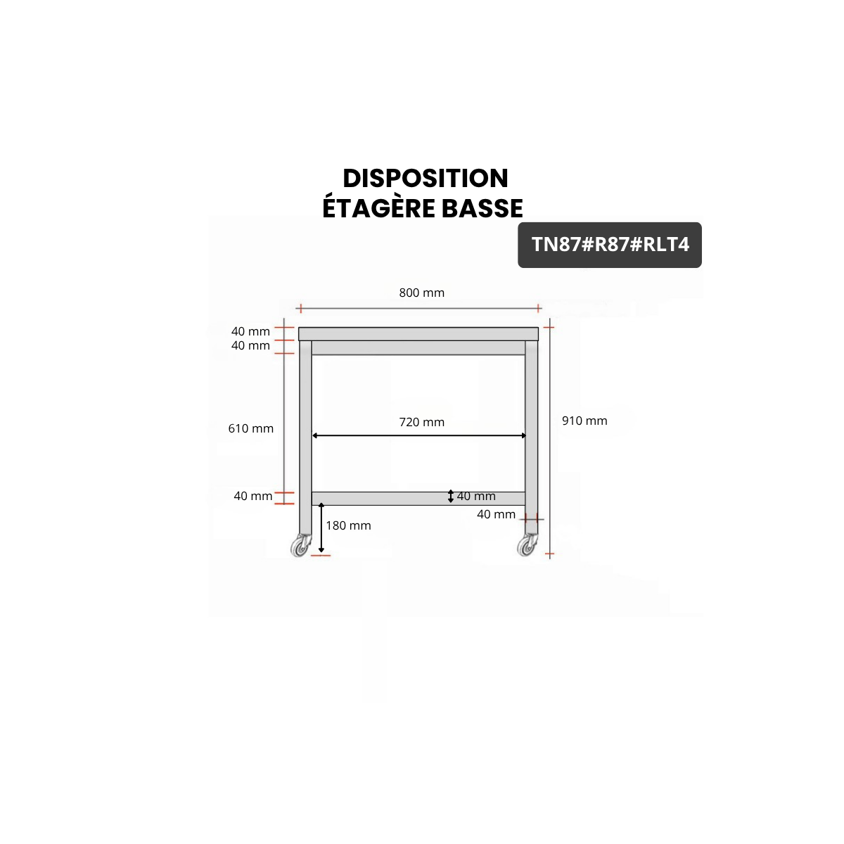 Table inox 800 x 700 mm avec renfort sur roulettes / GOLDINOX