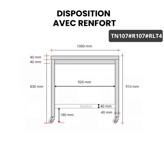 Table inox 1000 x 700 mm avec renfort sur roulettes / GOLDINOX