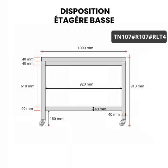 Table inox 1000 x 700 mm avec renfort sur roulettes / GOLDINOX