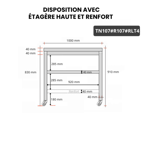 Table inox 1000 x 700 mm avec renfort sur roulettes / GOLDINOX