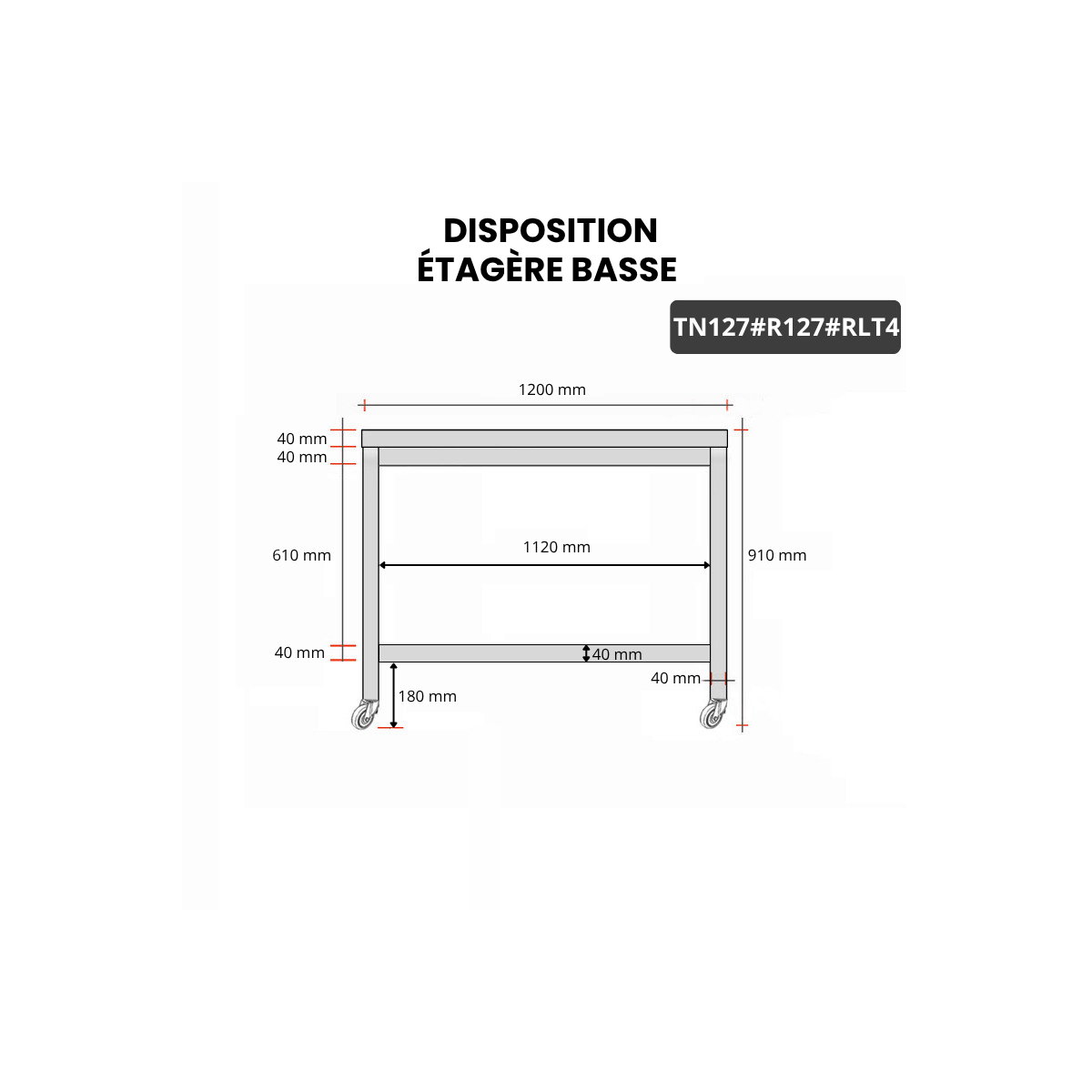 Table inox 1200 x 700 mm avec renfort sur roulettes / GOLDINOX