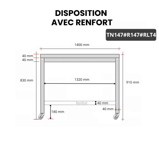 Table inox 1400 x 700 mm avec renfort sur roulettes / GOLDINOX
