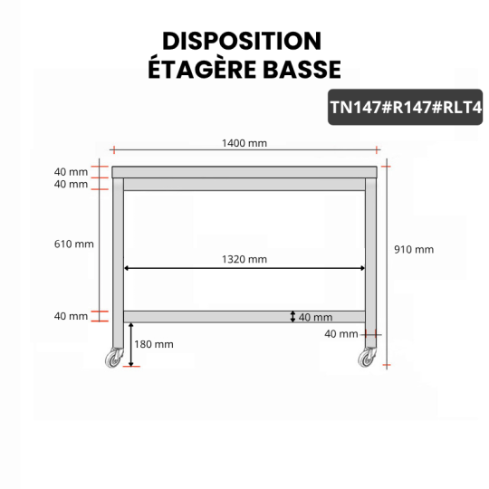 Table inox 1400 x 700 mm avec renfort sur roulettes / GOLDINOX