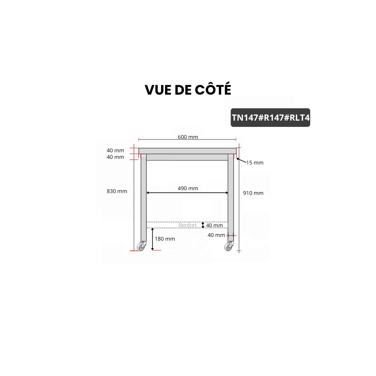 Table inox 1400 x 700 mm avec renfort sur roulettes / GOLDINOX