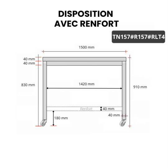Table inox 1500 x 700 mm avec renfort sur roulettes / GOLDINOX