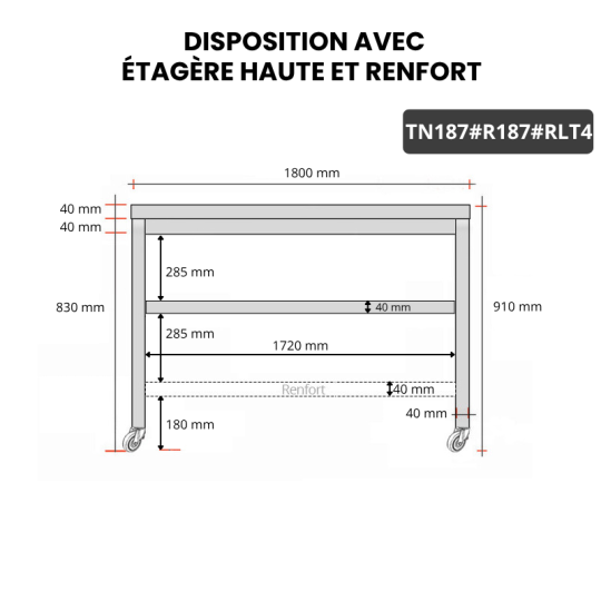Table inox 1800 x 700 mm avec renfort sur roulettes / GOLDINOX