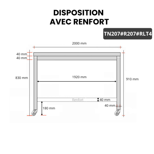Table inox 2000 x 700 mm avec renfort sur roulettes / GOLDINOX