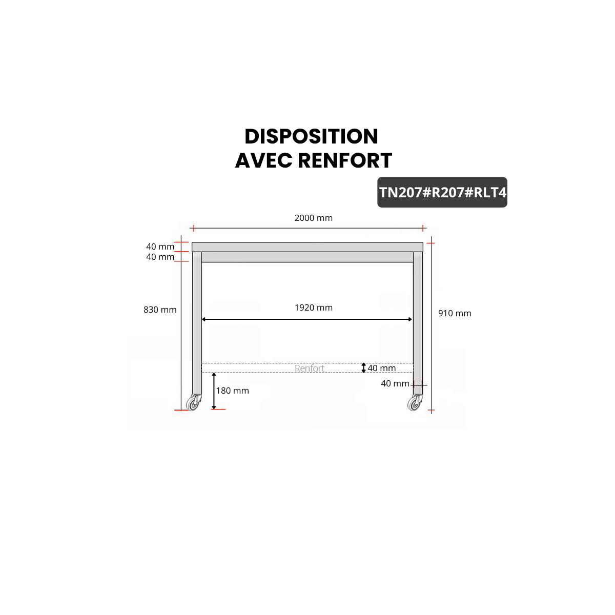 Table inox 2000 x 700 mm avec renfort sur roulettes / GOLDINOX