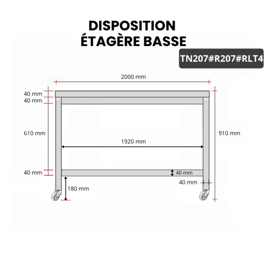 Table inox 2000 x 700 mm avec renfort sur roulettes / GOLDINOX
