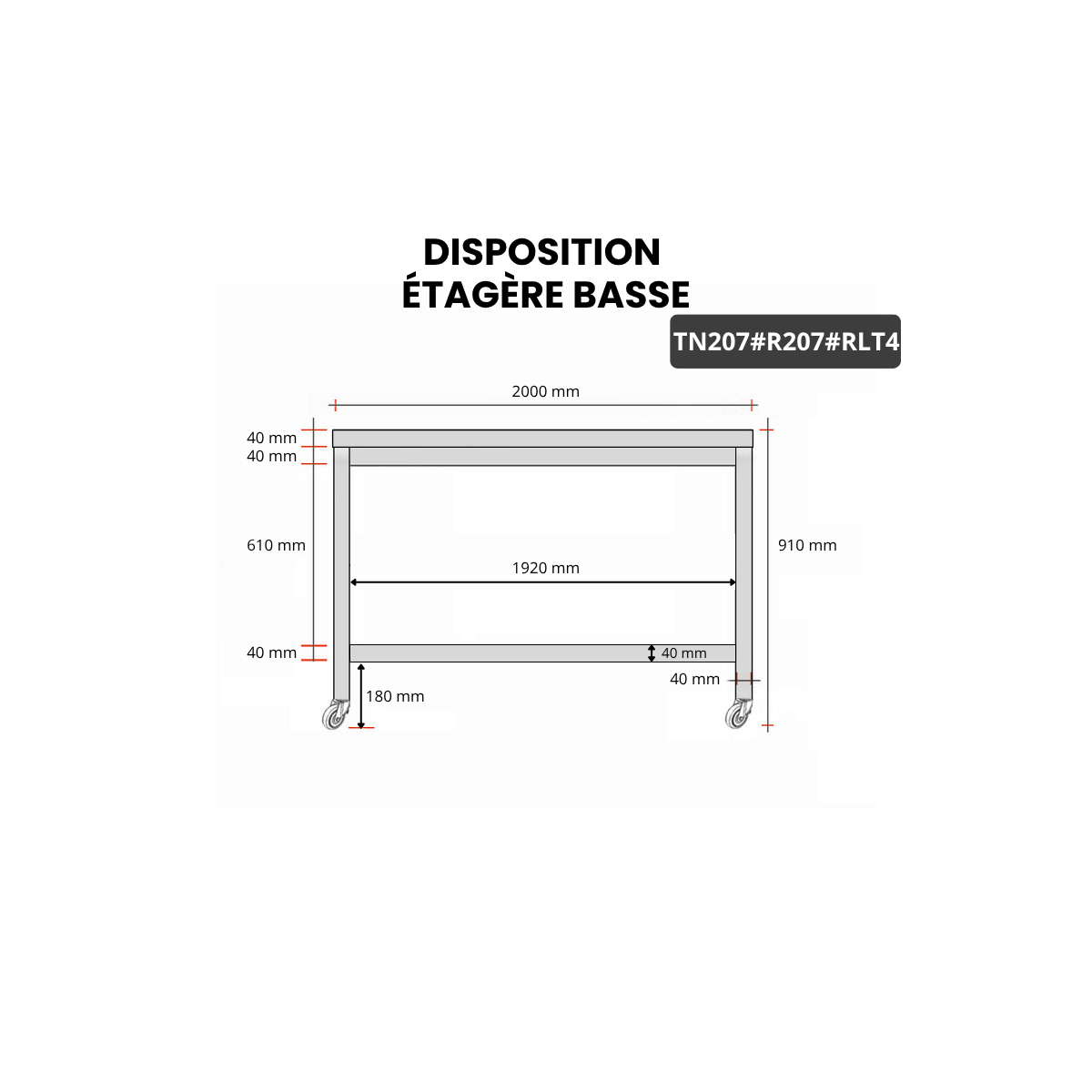 Table inox 2000 x 700 mm avec renfort sur roulettes / GOLDINOX