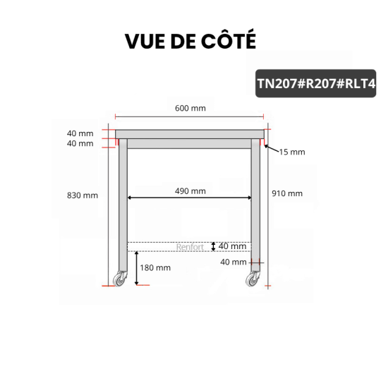Table inox 2000 x 700 mm avec renfort sur roulettes / GOLDINOX